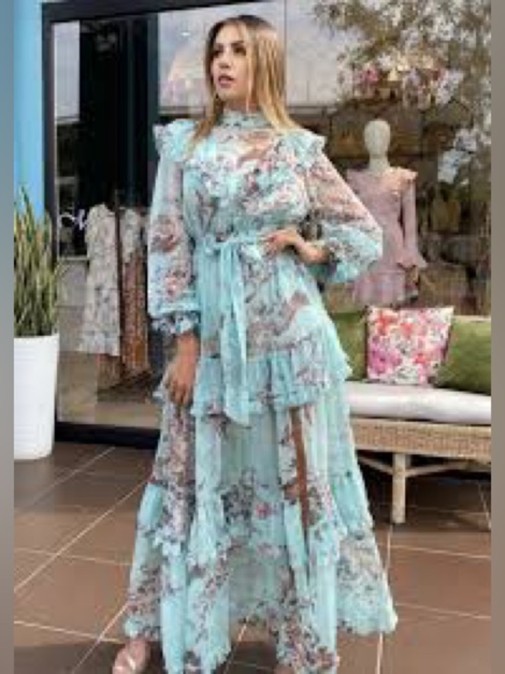Romantic Floral Tiered Maxi Dress in Light Blue